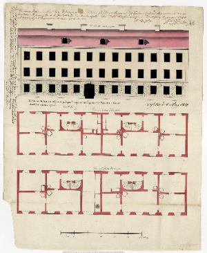 Stockholm City Archives: Building permit drawings 1713–1874. Plan and front elevation for a building on kvarter Östergötland, Skaraborgsgatan no.68. Architect: Johan Thun. Client: Pehr Lindholm. Date: 30 March 1802. Archive reference: NS 37:1802:38.